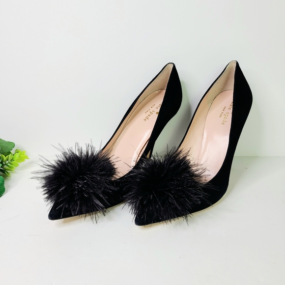kate spade Shoes - Kate Spade New York Black Marabou Suede Feather Pom Pumps